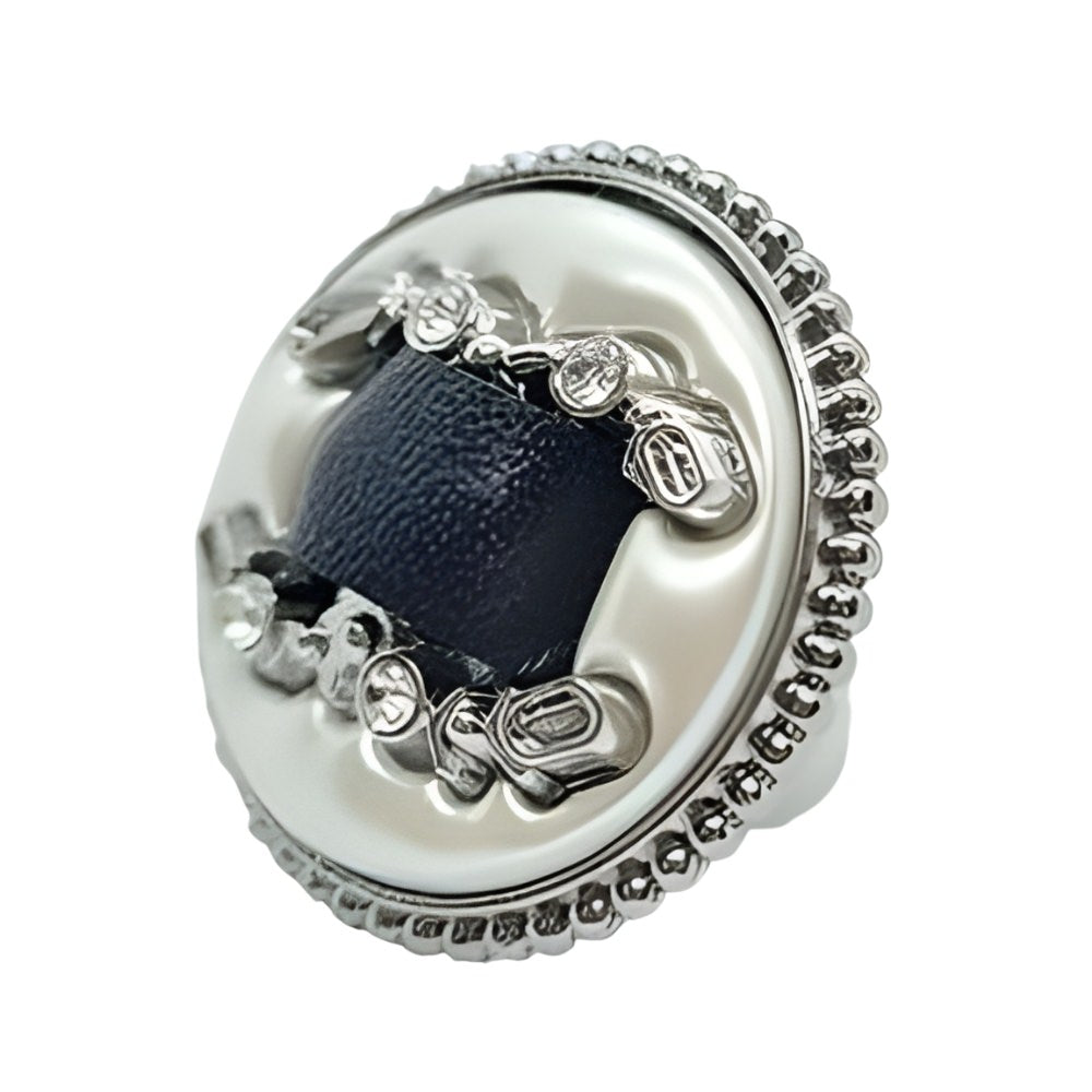 Unique Layered Button, 23mm, Leather Center, Crystal Ring, Fashion & Craft Supply - FBTN258 - Silver / 23mm