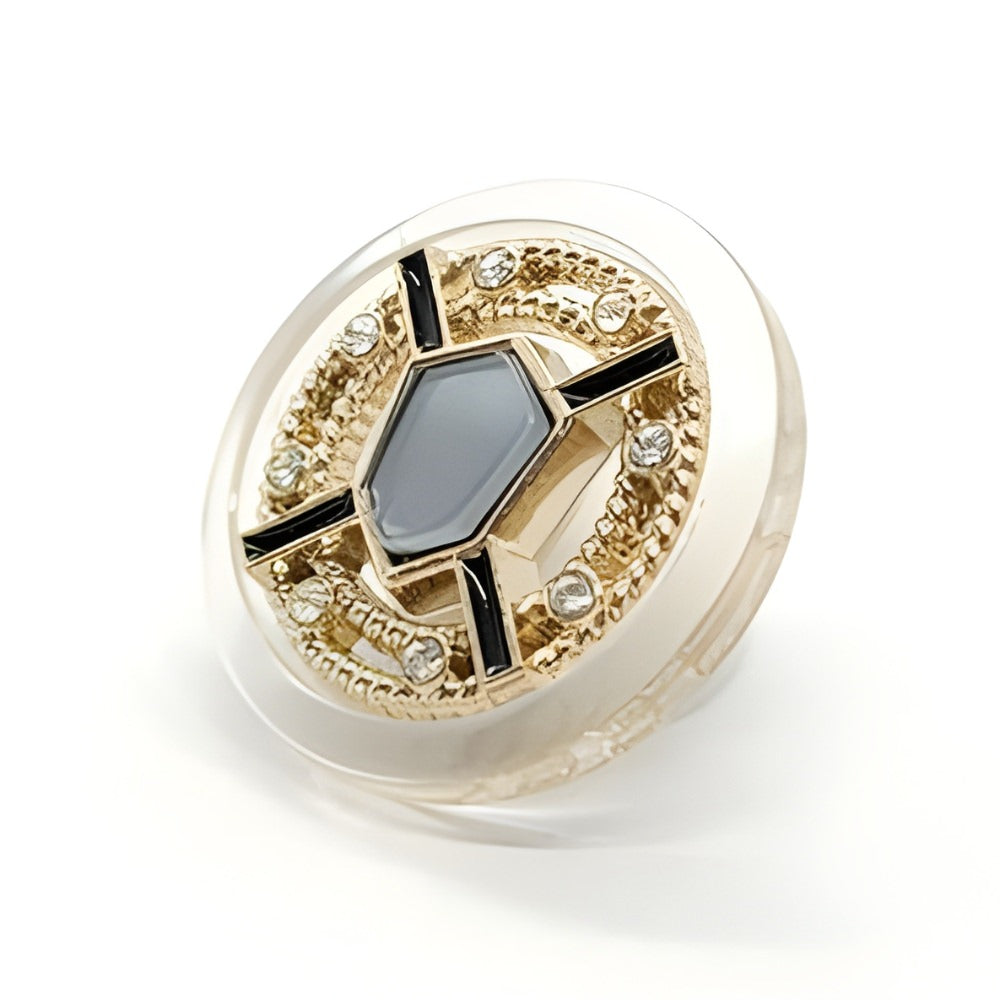Modern Designer Button, 23mm, Gray Stone & Crystal, Geometric Design, Shank - FBTN256 - Gold / 23mm