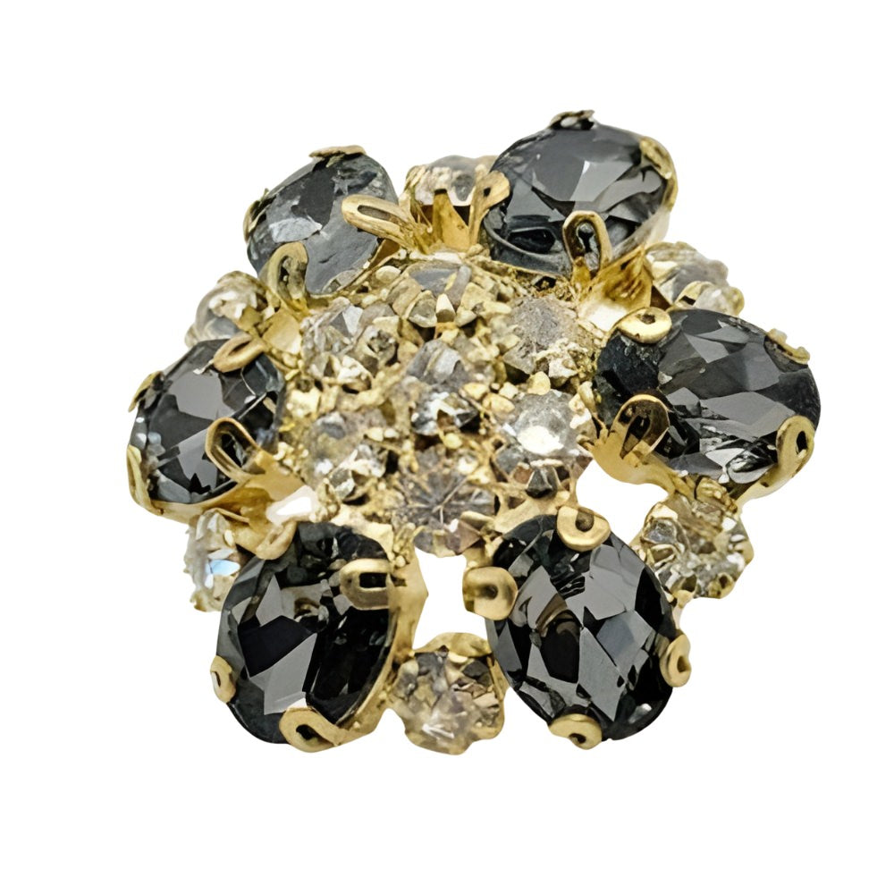 Statement Button: 25mm Crystal & Gunmetal Flower Button in Gold Setting - FBTN243 - Gold/Black / 25mm