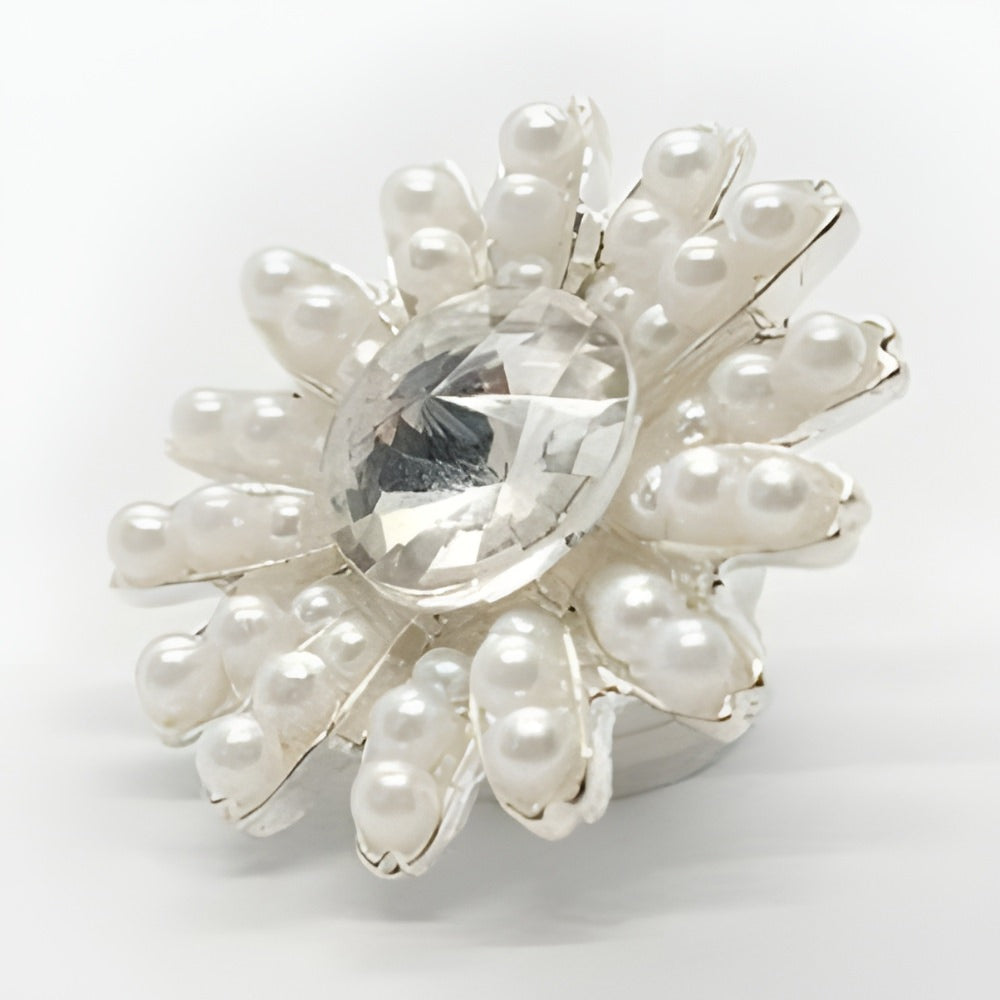 Luxury Pearl & Crystal Button, 25mm, Floral Design, Silver Setting - FBTN248 - Silver / 25mm