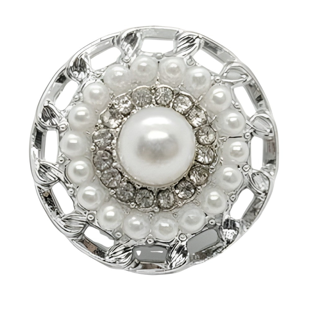 Elegant Crystal & Pearl Button, 21mm, Silver Setting, Ornate Design, Fashion Accent - FBTN230 - Silver / 21mm