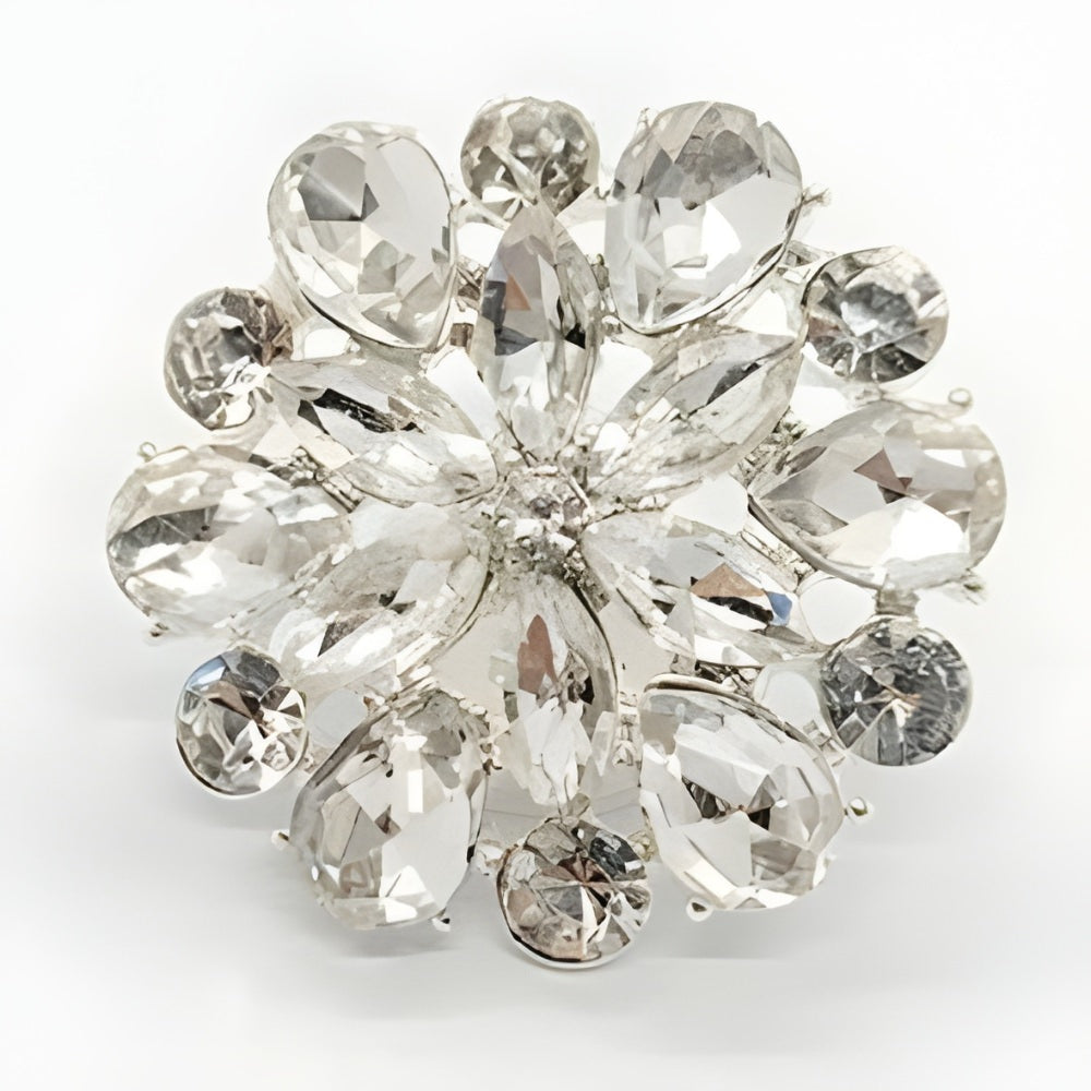 Large Crystal Petal Button, 28mm, Clear Rhinestones, Bridal & Fashion - FBTN249 - Silver / 28mm