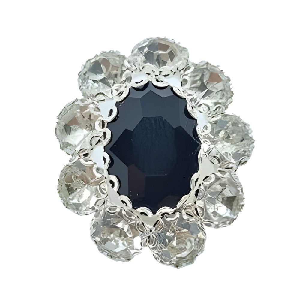 Glamorous Rhinestone Button, 25mm, Round, Silver & Black, Large Crystal Accent, DIY Jewelry & Craft Supply - FBTN242 - Silver / 25mm