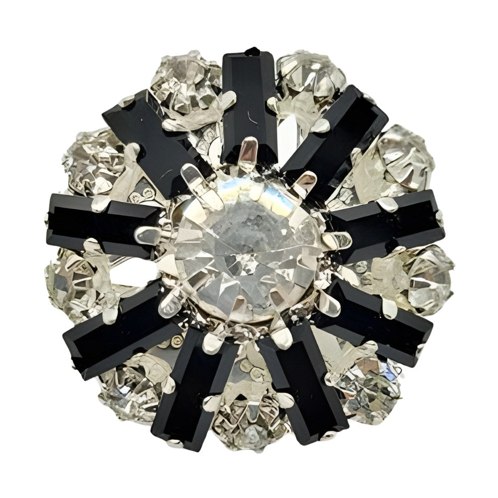 25mm Crystal Starburst Button, Black & Clear Rhinestones, Silver Setting - FBTN244 - Silver/Black / 25mm