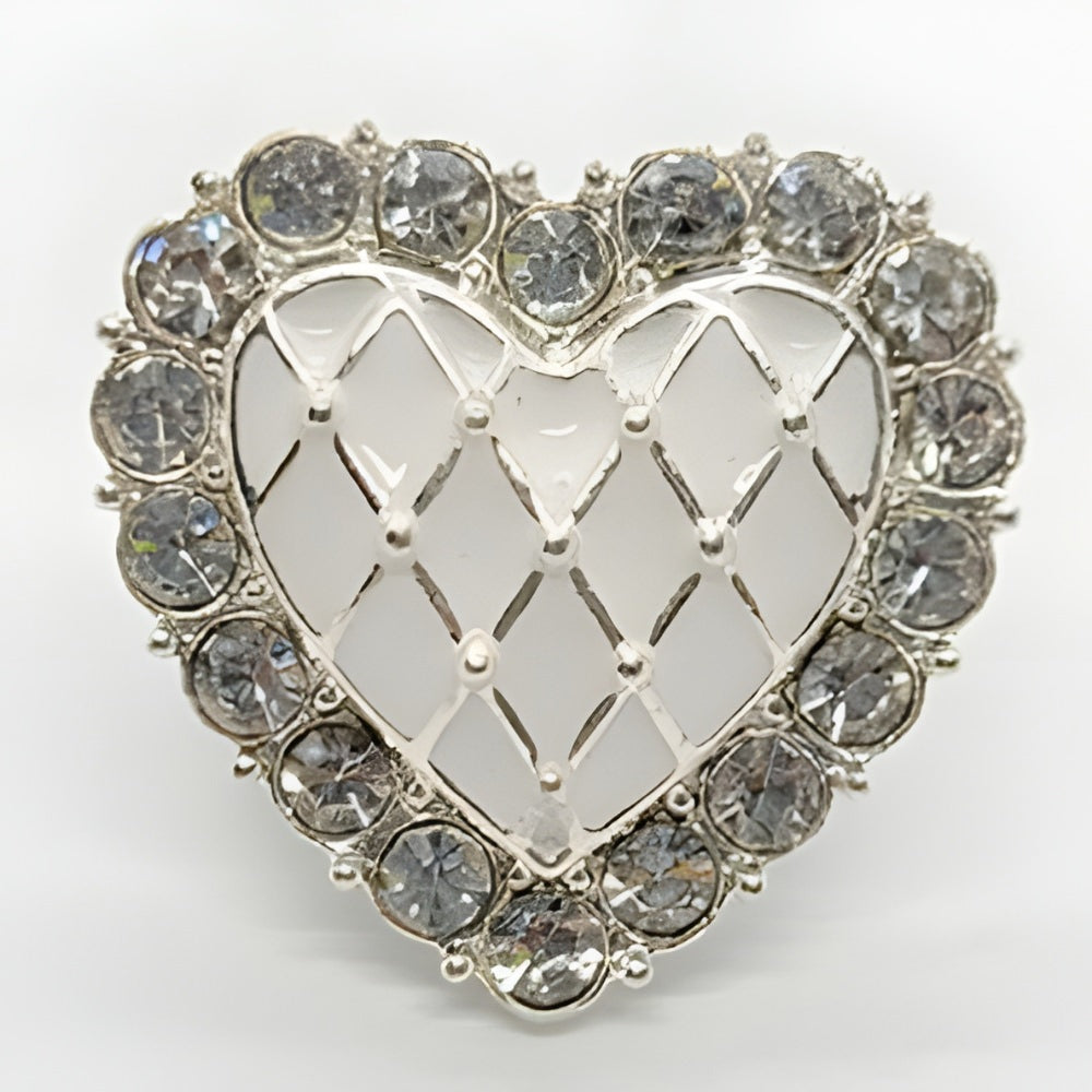 Sweet Heart Button, 21mm, White & Crystal, Delicate Design, Fashion & Craft - FBTN254 - Silver / 21mm