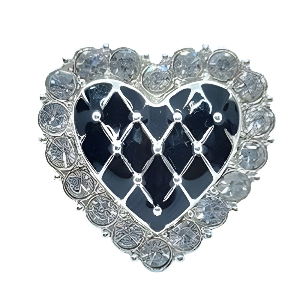 Enamel Heart Rhinestone Button, 21mm, Black & Clear, Pave Setting - FBTN253 - Silver/Black / 21mm