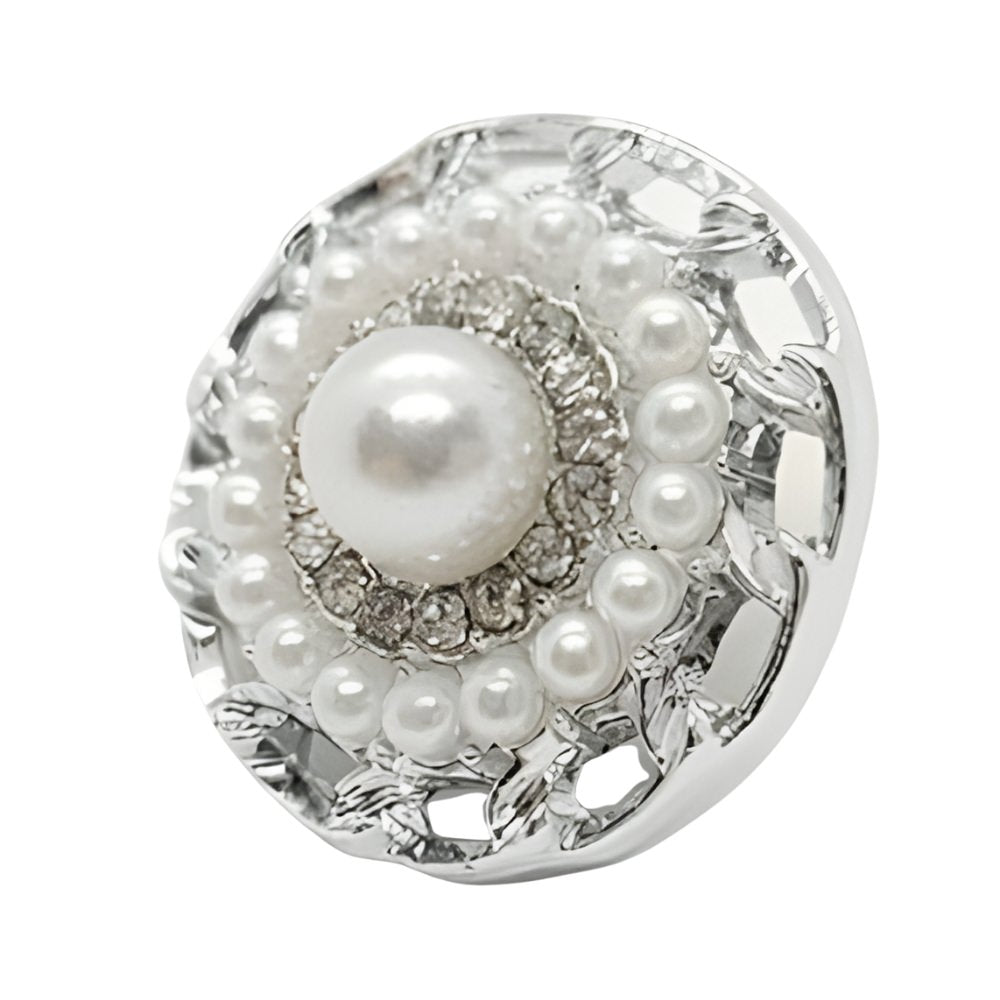 Elegant Crystal & Pearl Button, 21mm, Silver Setting, Ornate Design, Fashion Accent - FBTN230 - Silver / 21mm