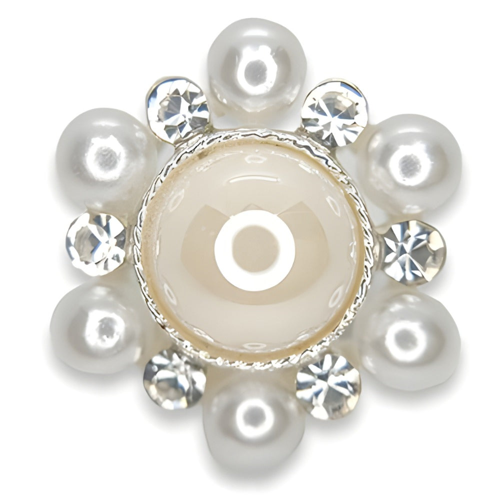 21mm Pearl & Crystal Button, Ivory Pearl, Clear Rhinestones, Silver Setting - FBTN247 - Silver / 21mm