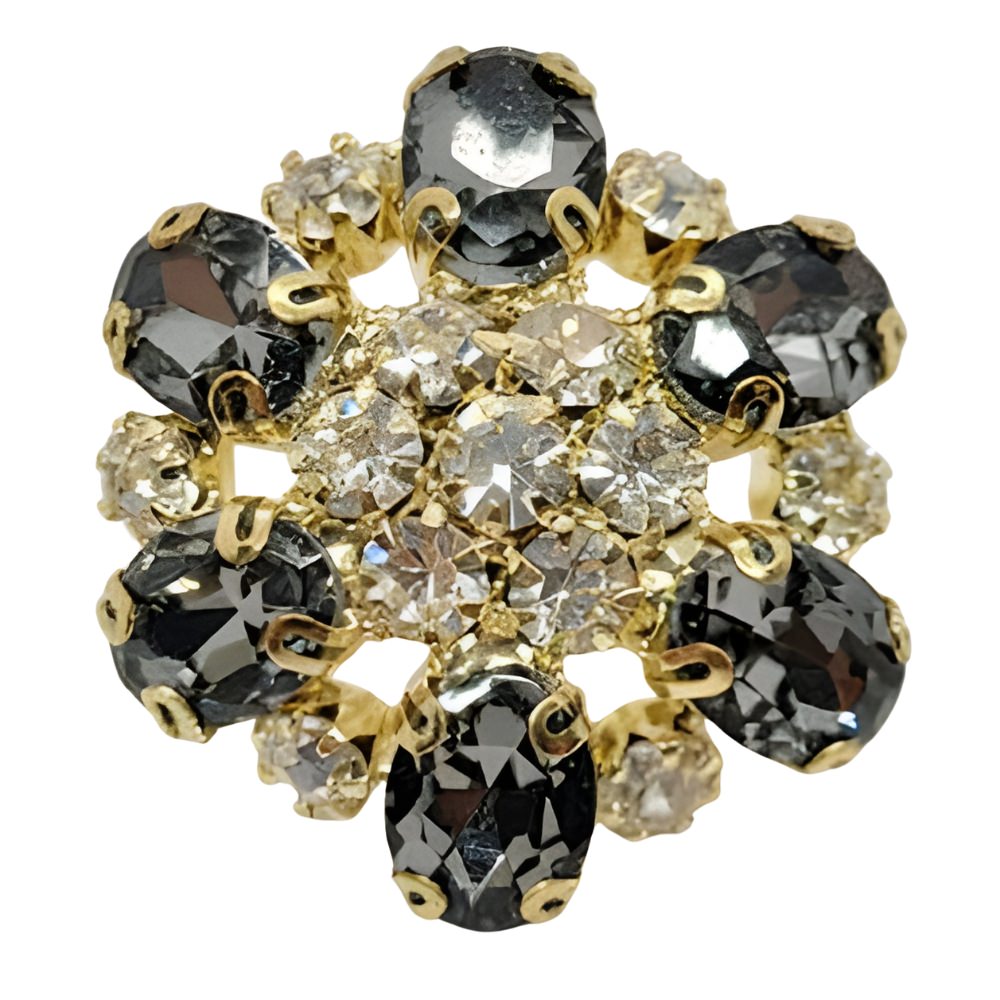 Statement Button: 25mm Crystal & Gunmetal Flower Button in Gold Setting - FBTN243 - Gold/Black / 25mm