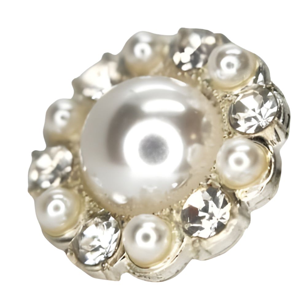 19mm Silver Pearl & Rhinestone Button, Floral Design, Bridal & Couture Detail - FBTN227 - Silver / 19mm
