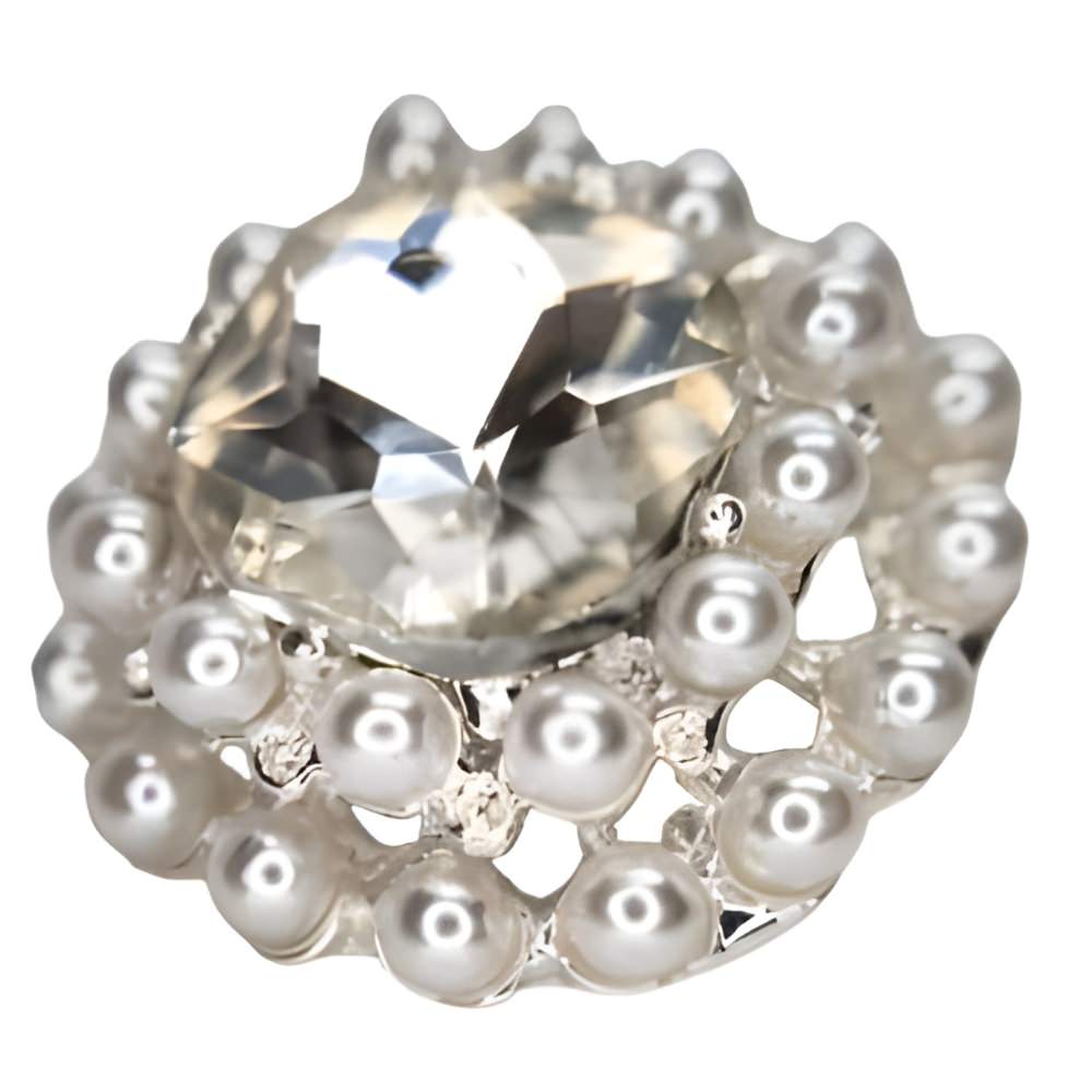 Glamorous Rhinestone & Pearl Button, 18-23mm, Round, Silver, Large Crystal Accent, DIY Jewelry & Craft Supply - FBTN236 - Silver / 23mm