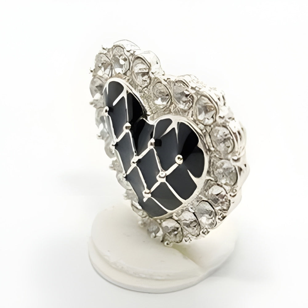 Silver/Black / 21mm - Enamel Heart Rhinestone Button, 21mm, Black & Clear, Pave Setting - FBTN253
