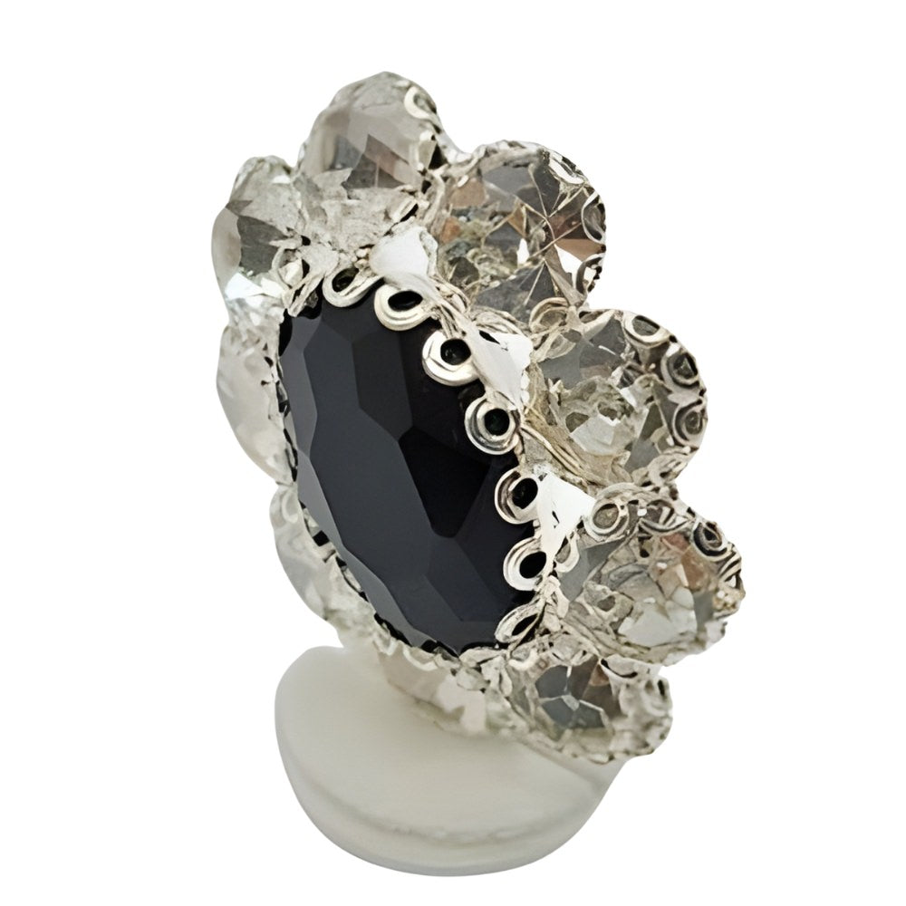 Glamorous Rhinestone Button, 25mm, Round, Silver & Black, Large Crystal Accent, DIY Jewelry & Craft Supply - FBTN242 - Silver / 25mm