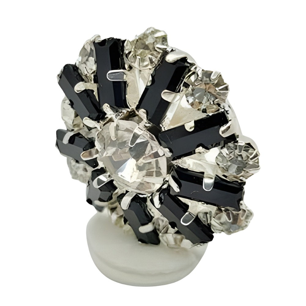 25mm Crystal Starburst Button, Black & Clear Rhinestones, Silver Setting - FBTN244 - Silver/Black / 25mm