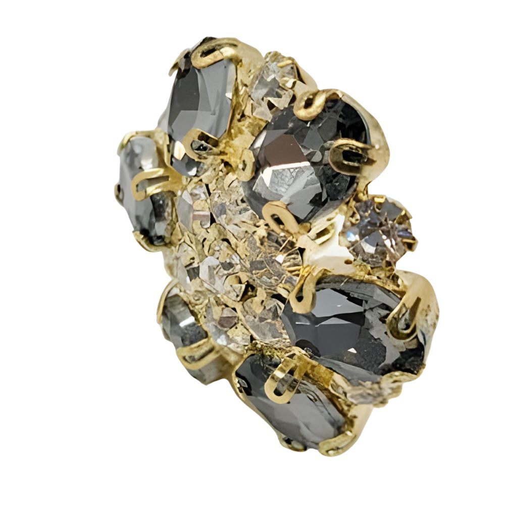 Statement Button: 25mm Crystal & Gunmetal Flower Button in Gold Setting - FBTN243 - Gold/Black / 25mm