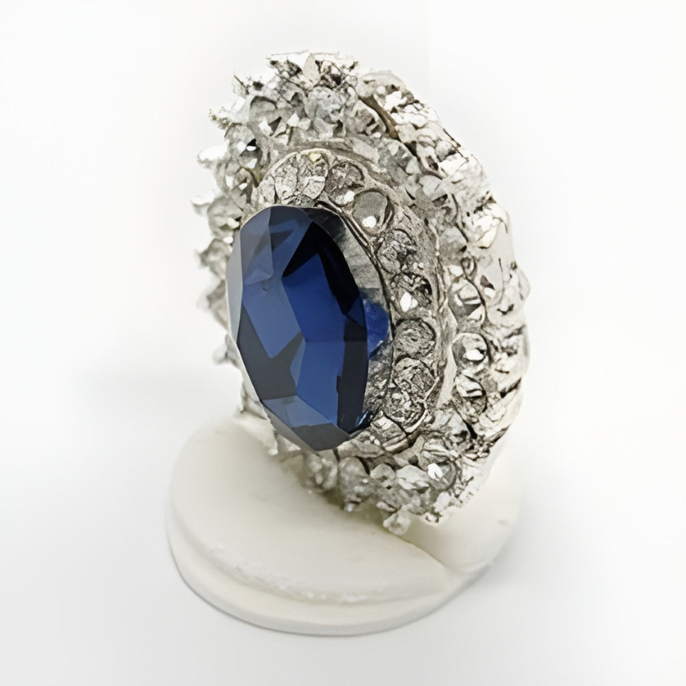 Blue / 20mm - Dramatic Blue Crystal Button, 20mm, Oval Jewel Design, Silver Shank - FBTN260