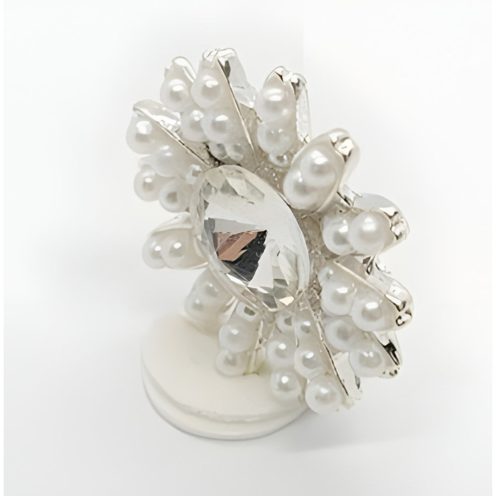 Silver / 25mm - Luxury Pearl & Crystal Button, 25mm, Floral Design, Silver Setting - FBTN248