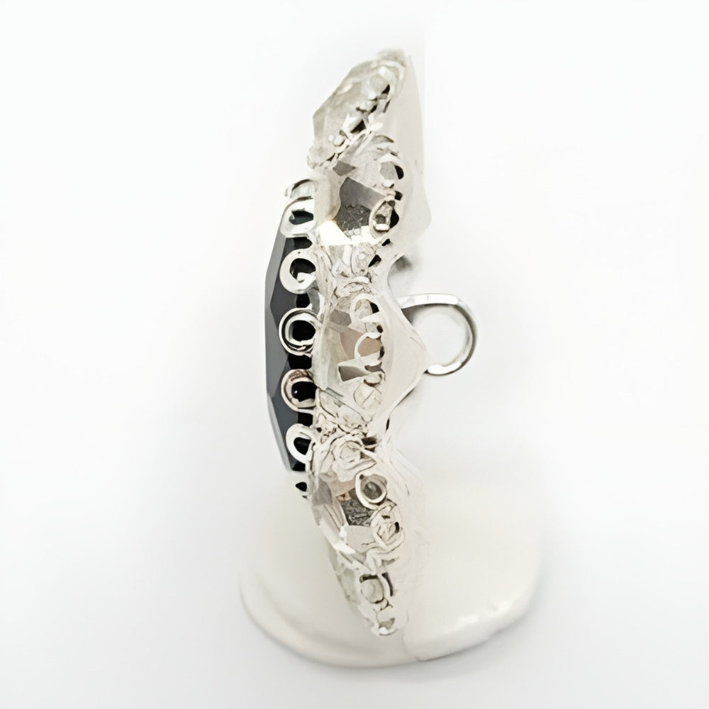 Glamorous Rhinestone Button, 25mm, Round, Silver & Black, Large Crystal Accent, DIY Jewelry & Craft Supply - FBTN242 - Silver / 25mm