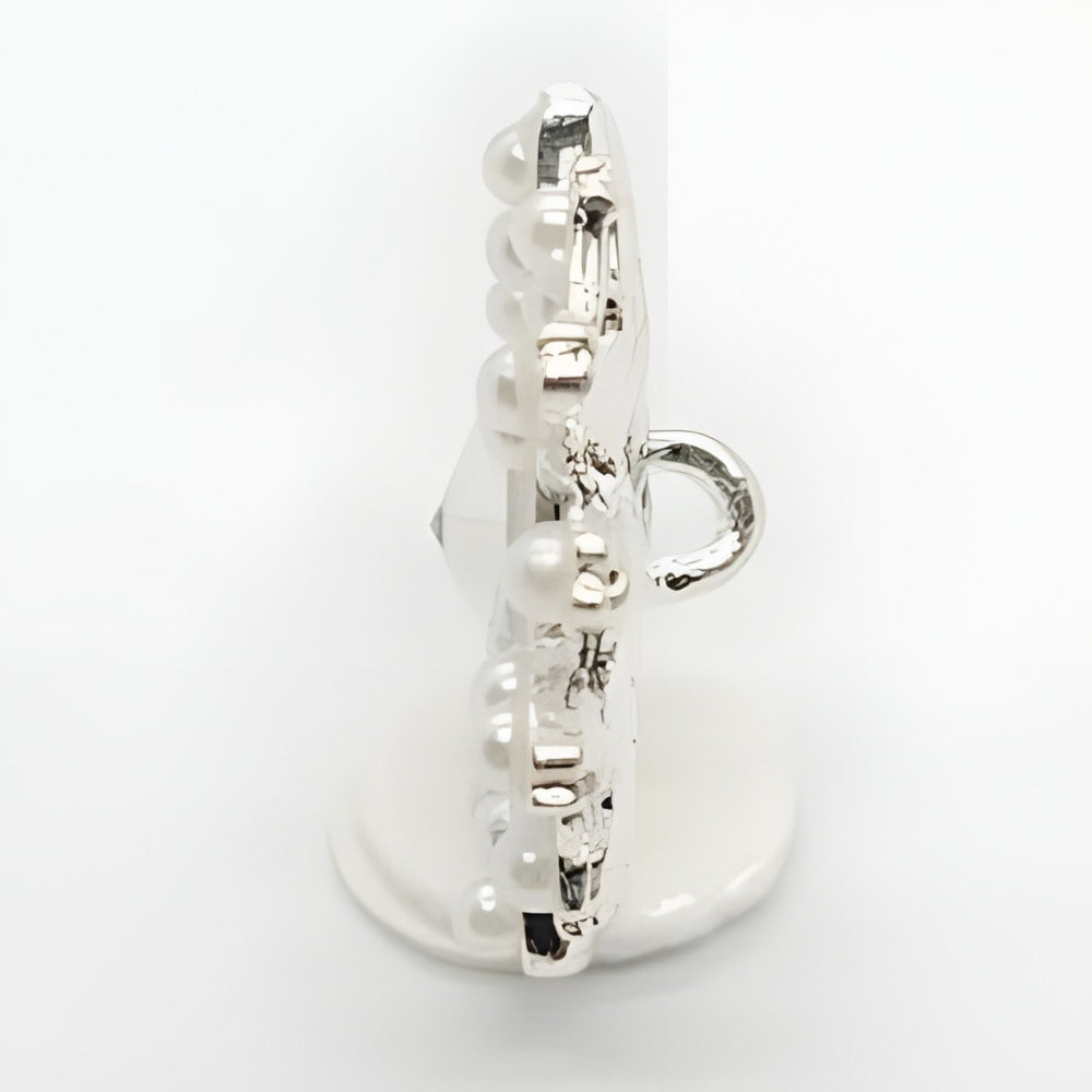 Silver / 25mm - Luxury Pearl & Crystal Button, 25mm, Floral Design, Silver Setting - FBTN248