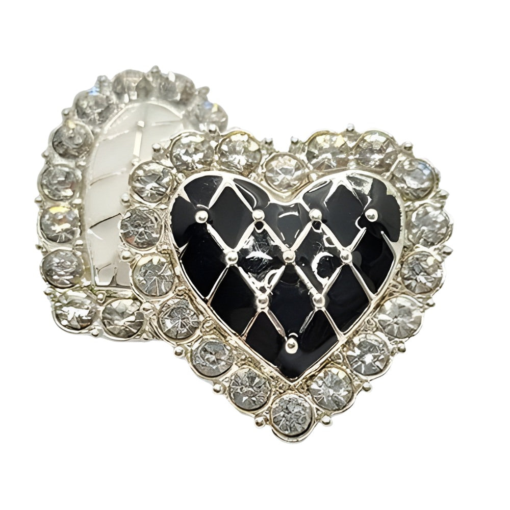 Silver/Black / 21mm - Enamel Heart Rhinestone Button, 21mm, Black & Clear, Pave Setting - FBTN253
