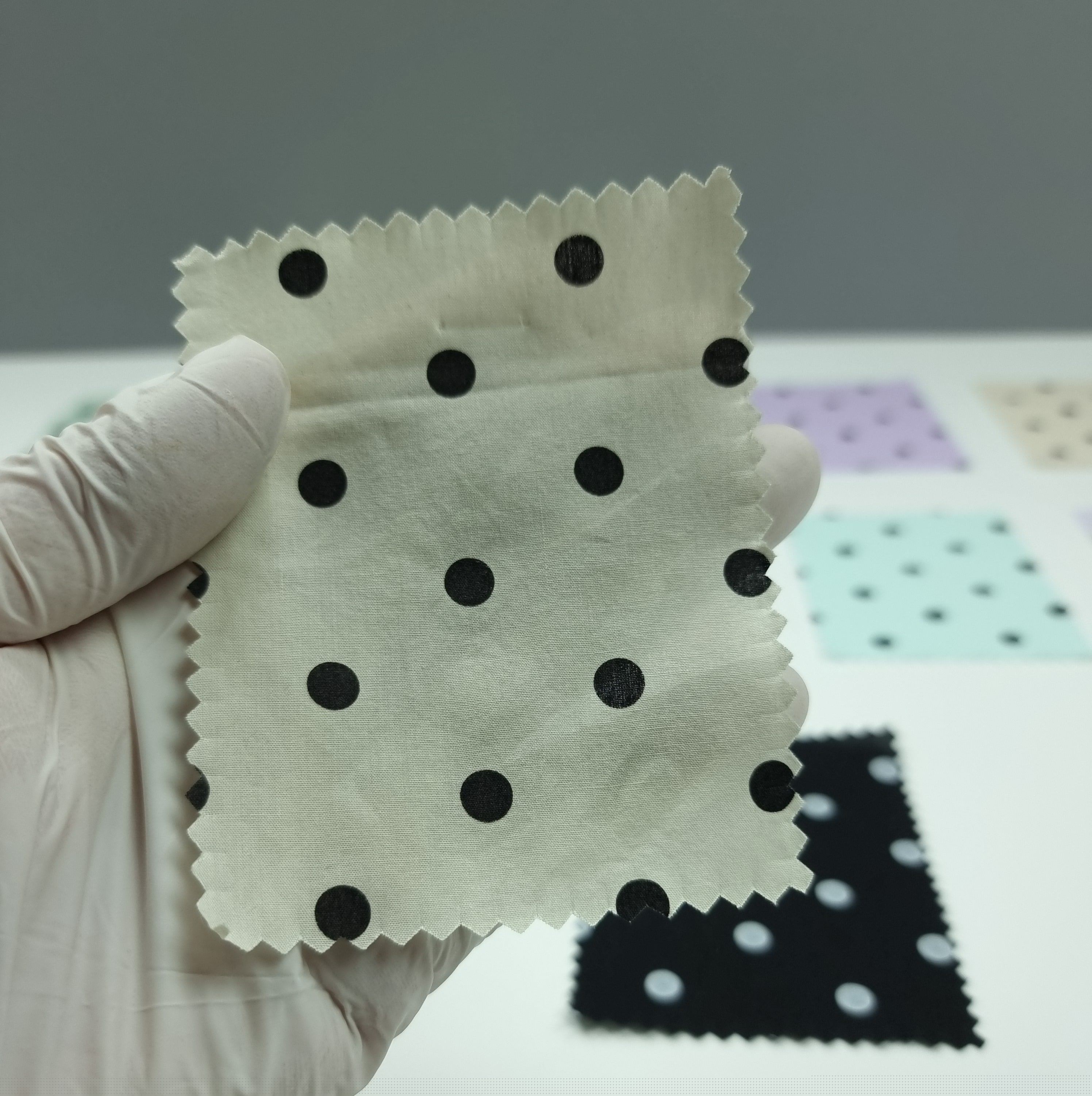 1.Ivory-2.Greenish-3.Yellow-4.Green-5.Violet - 7mm Dots Enzyme Cotton Woven Fabric - FAB 1418