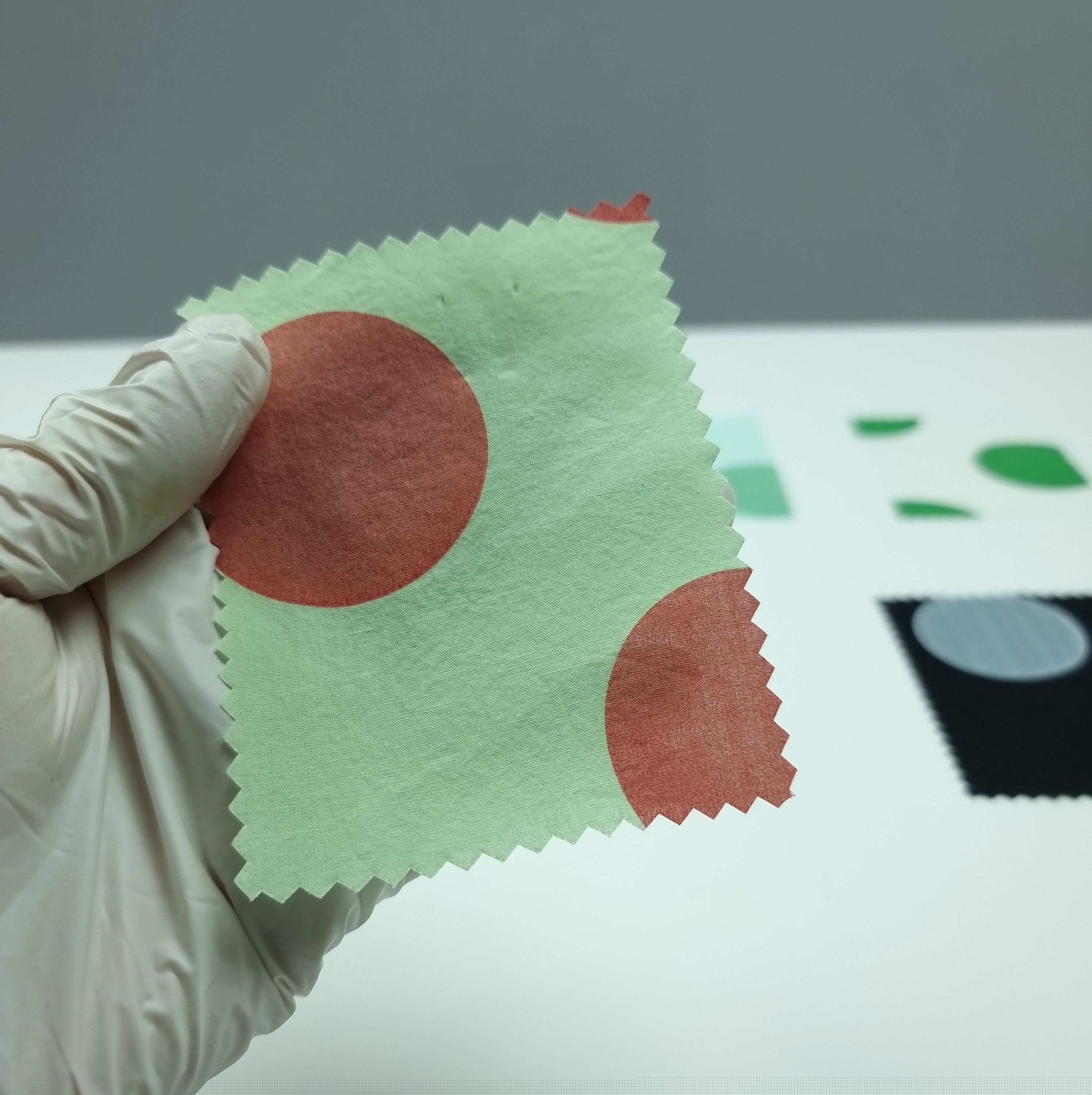 1.Beige/Blue-2.Green/Red-3.Pink/Violet-4.Blue/Green-5.White/Green - 50mm Dots Enzyme Cotton Woven Fabric - FAB 1420