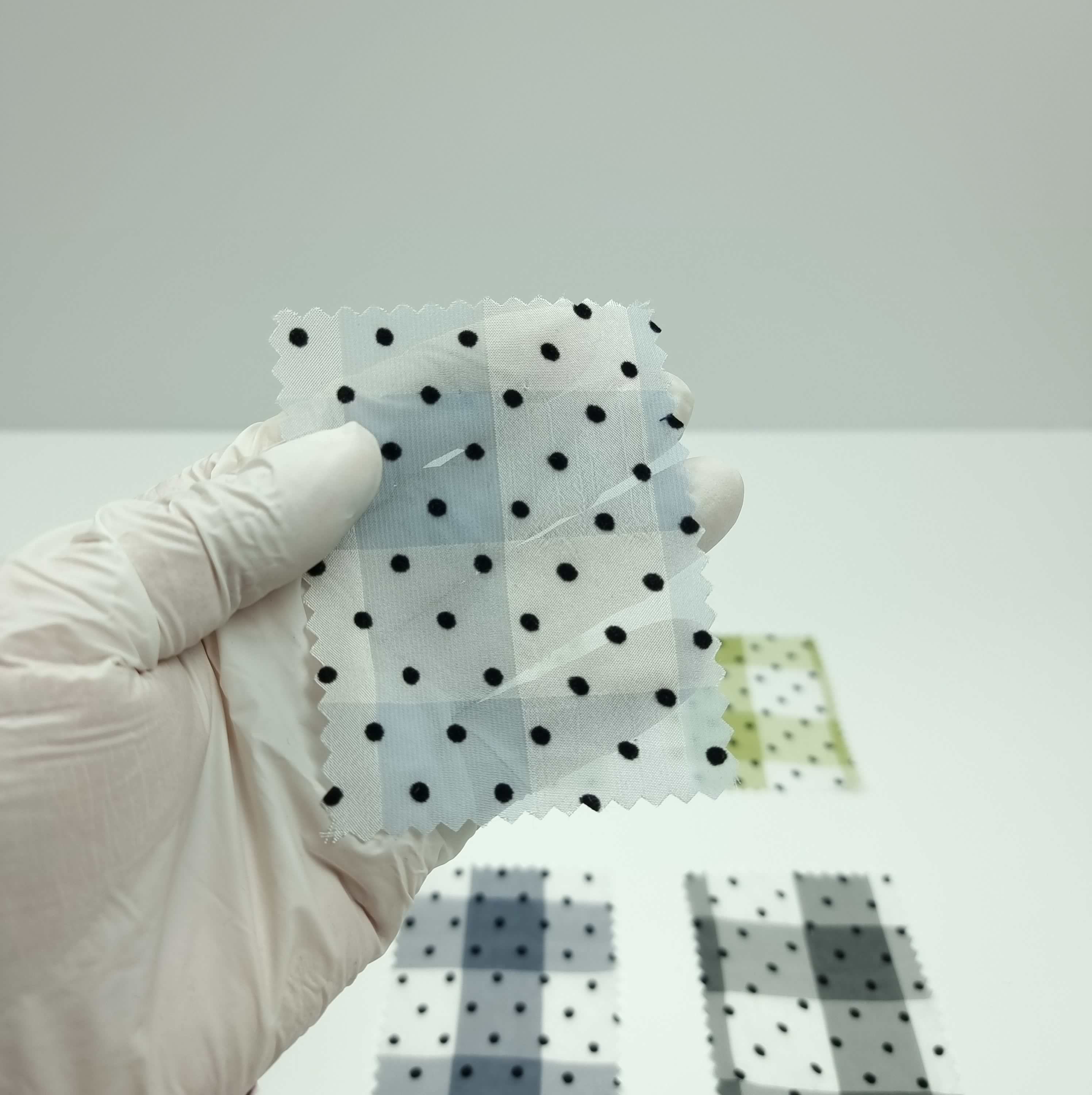 1.Blue-2.White-3.Ivory-4.Brown-5.Green - 3mm Dots Flocking Check Polyester Woven Fabric - FAB 1457