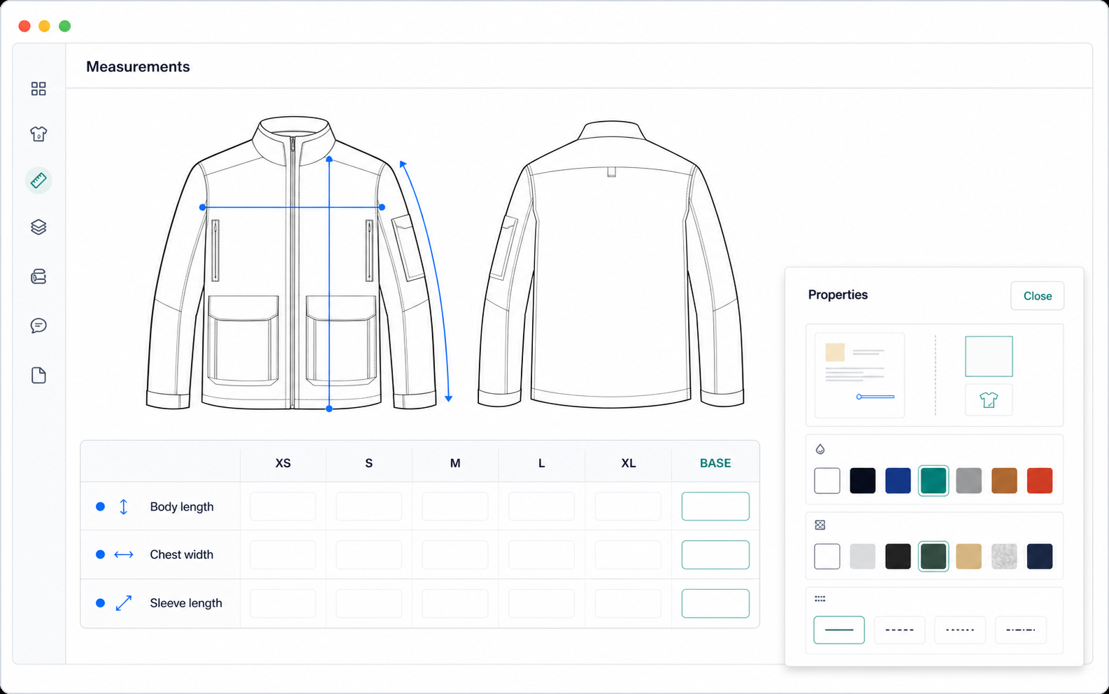 Fabricis Techpack design and measurement workspace