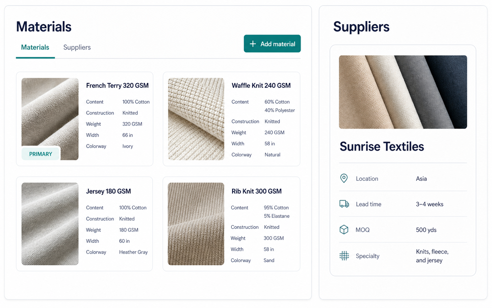 Materials and supplier library in Fabricis Techpack