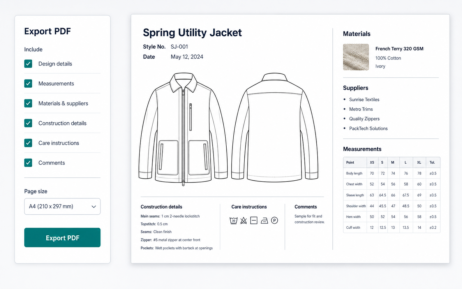 Production-ready PDF export from Fabricis Techpack
