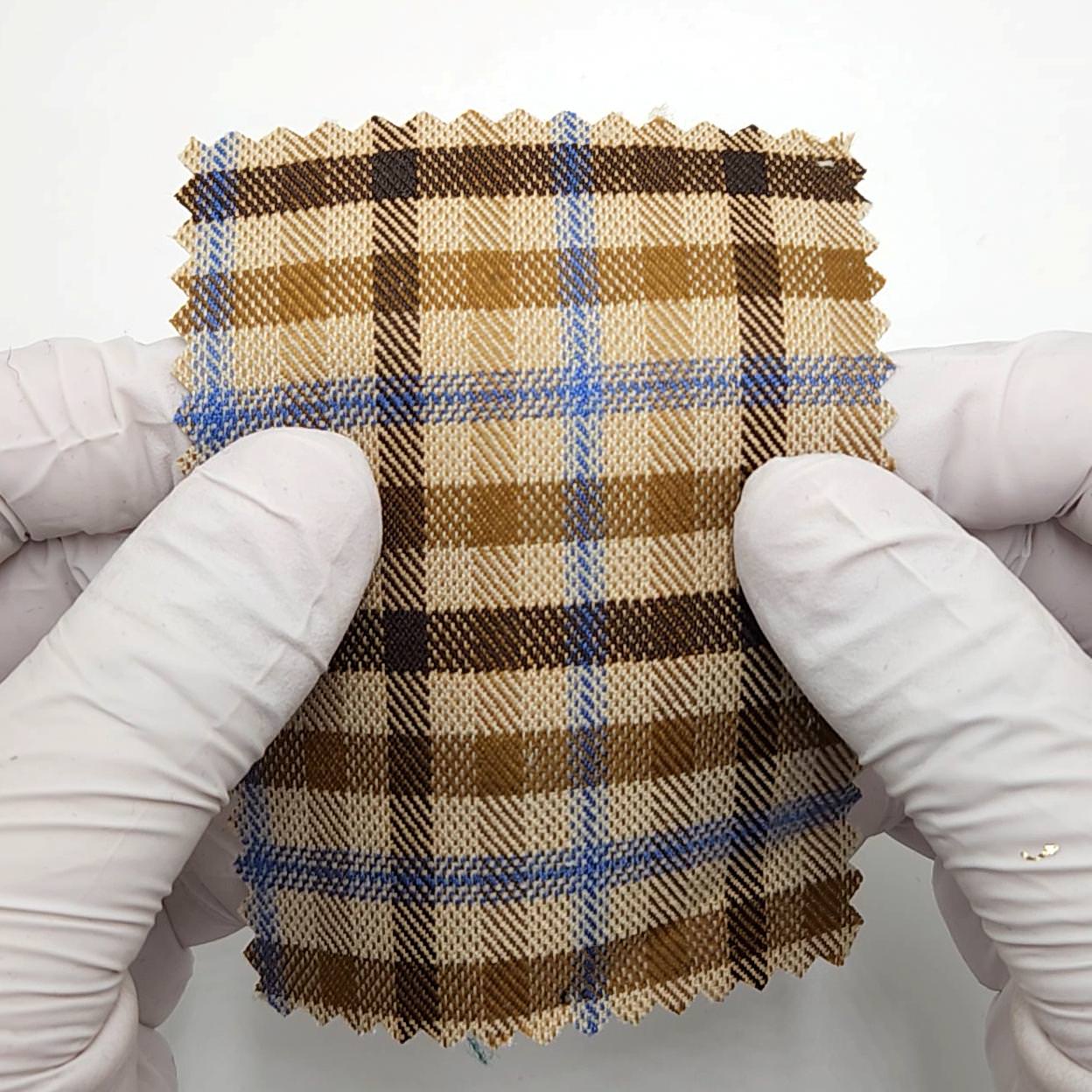 1.Brown and blue plaid-2.Teal/turquoise and white plaid-3.Khaki and brown plaid-4.Navy blue and tan plaid-5.Coral pink and red plaid - Tartan Plaid Check YarnDyed Spandex Polyester Woven Fabric - FAB 1807