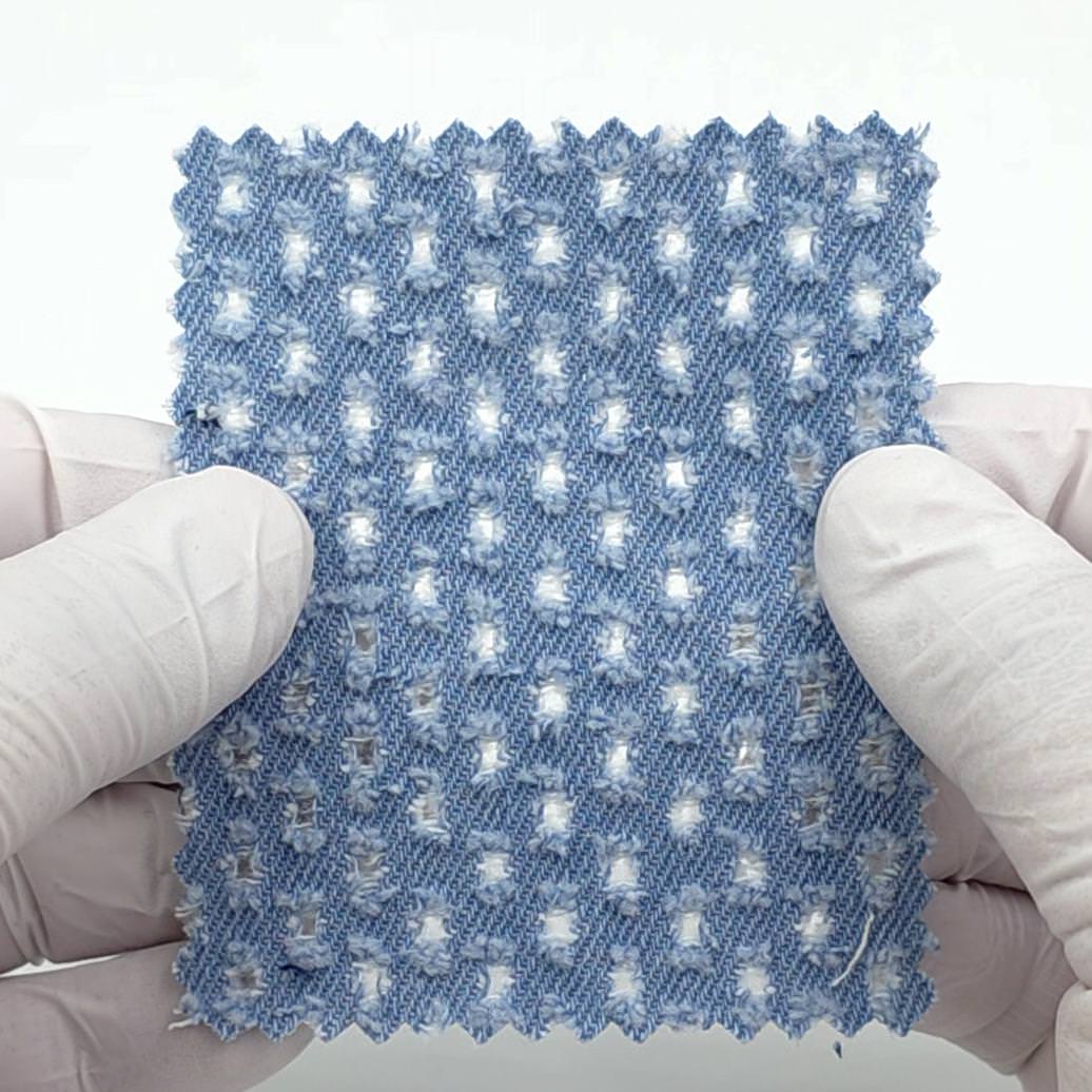 1.Light Blue-2.Medium Blue-3.Dark Blue-Swatch - Perforated Distressed Cotton Woven Fabric - FAB 1834