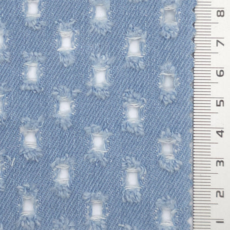 Light Blue Punched Distressed Denim Cotton Woven Fabric - FAB1835