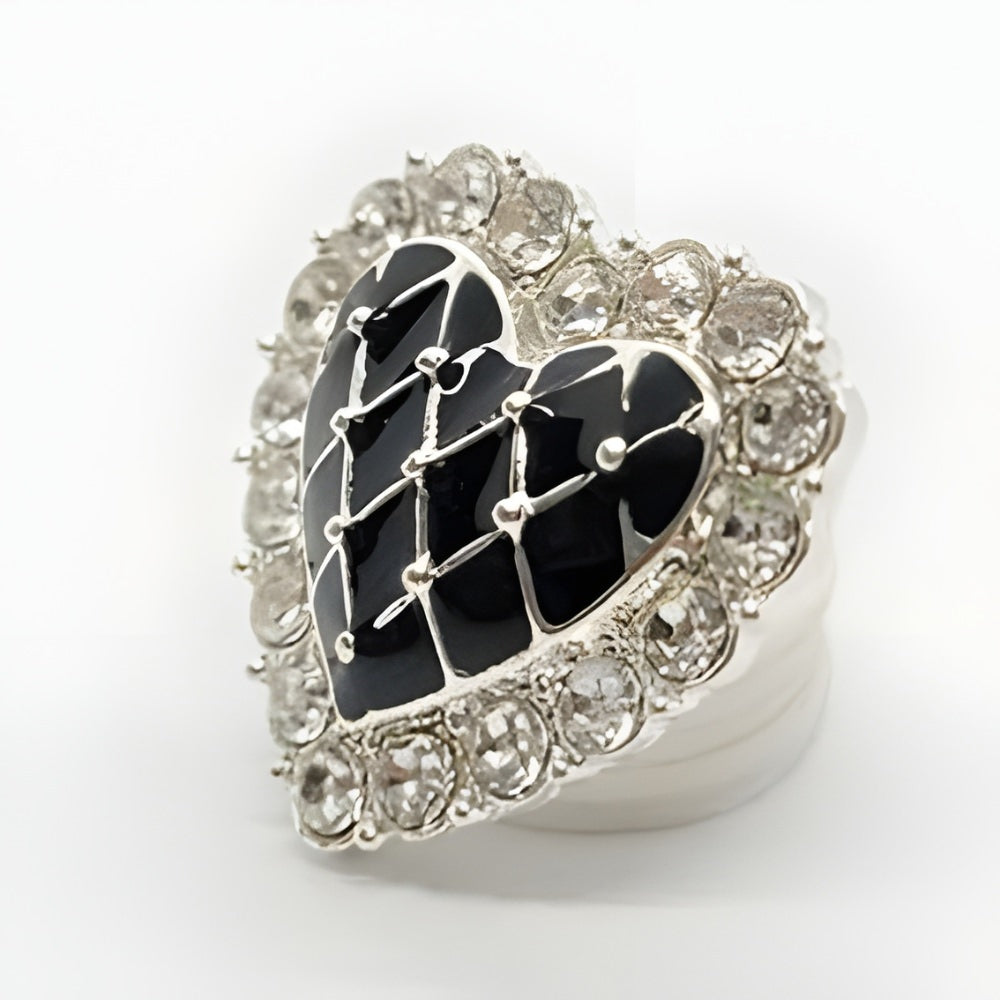 Silver/Black / 21mm - Enamel Heart Rhinestone Button, 21mm, Black & Clear, Pave Setting - FBTN253