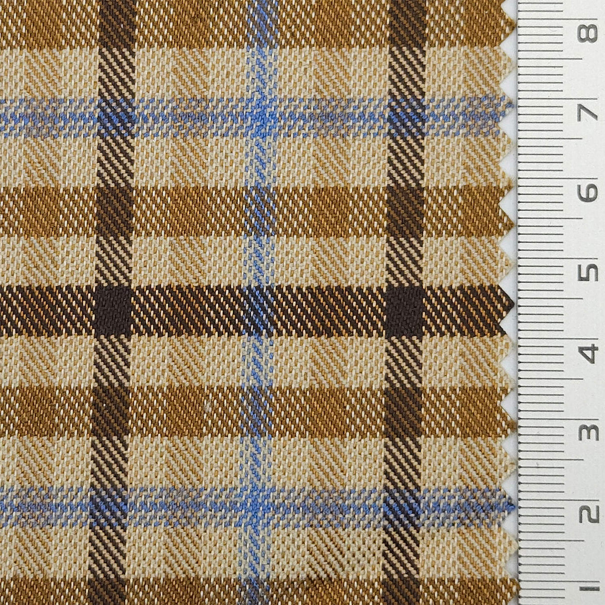 Tartan Plaid Check YarnDyed Spandex Polyester Woven Fabric - FAB1807 - Brown and blue plaid