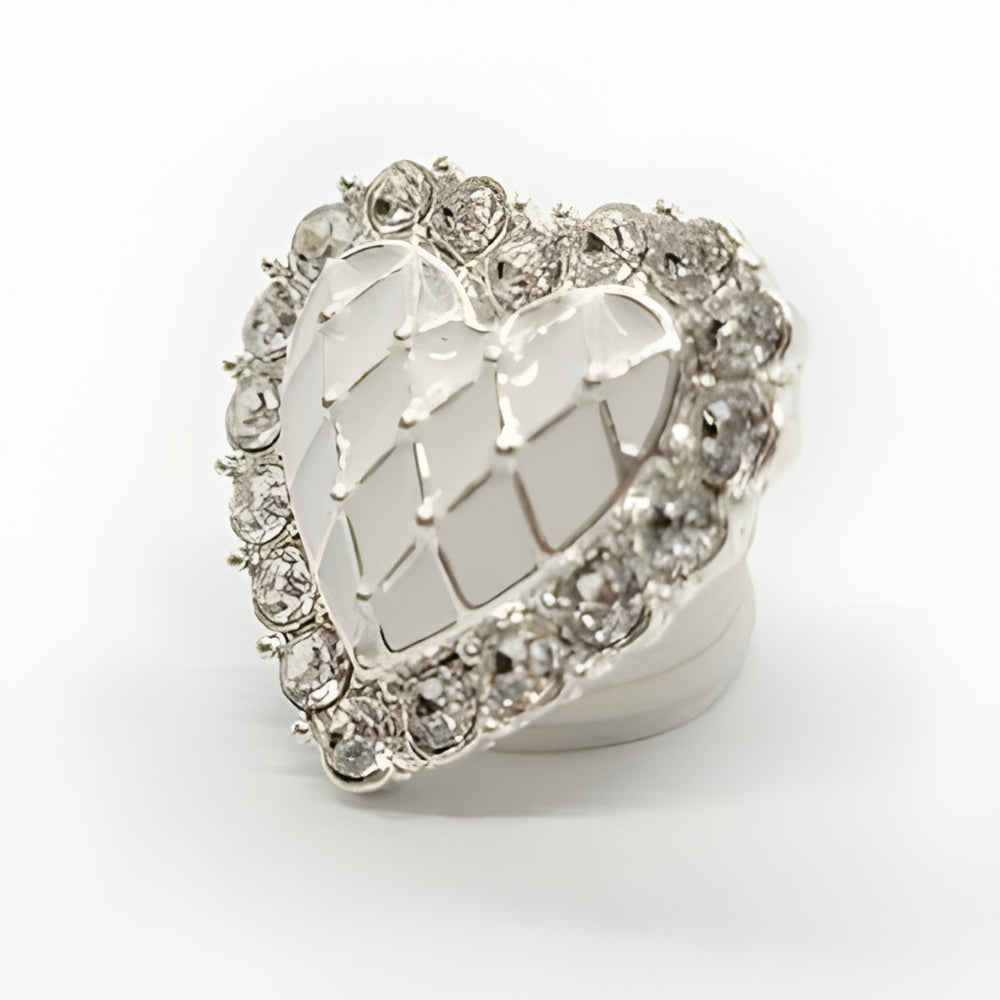 Silver / 21mm - Sweet Heart Button, 21mm, White & Crystal, Delicate Design, Fashion & Craft - FBTN254