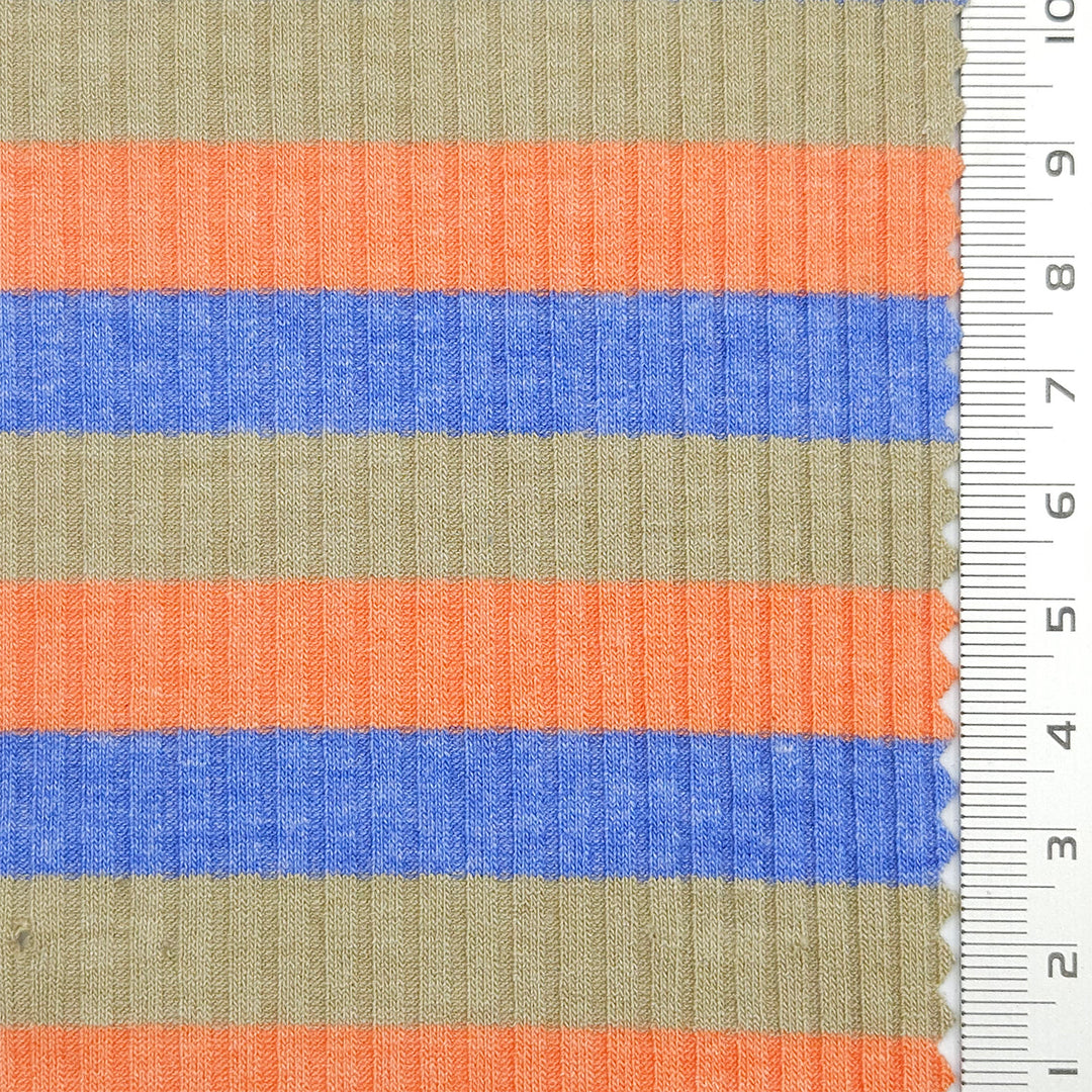 1.Orange and blue-2.Lavender and brown-3.Yellow and pink-Swatch - Stripe Rib YarnDyed Spandex Rayon Knit Fabric - FAB 1780