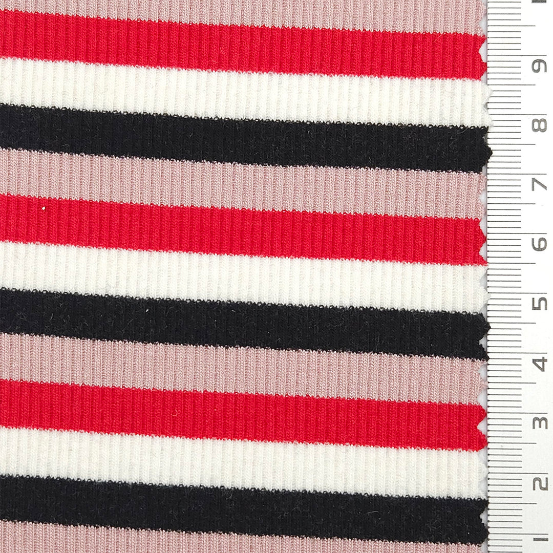 1.Red-2.Light blue-3.Yellow-4.Black-Swatch - Stripe Rib YarnDyed Rayon Spandex Knit Fabric - FAB 1779