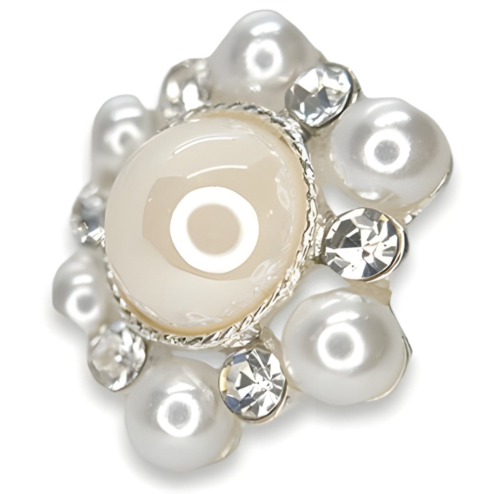 Silver / 21mm - 21mm Pearl & Crystal Button, Ivory Pearl, Clear Rhinestones, Silver Setting - FBTN247