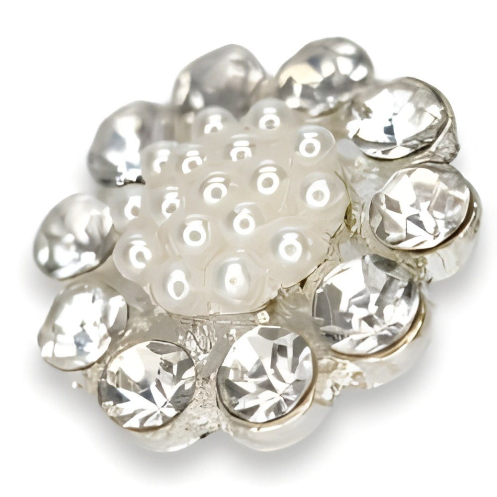 Silver / 13mm - 13mm Silver Pearl & Rhinestone Button, Cluster Design, Delicate Accent - FBTN229