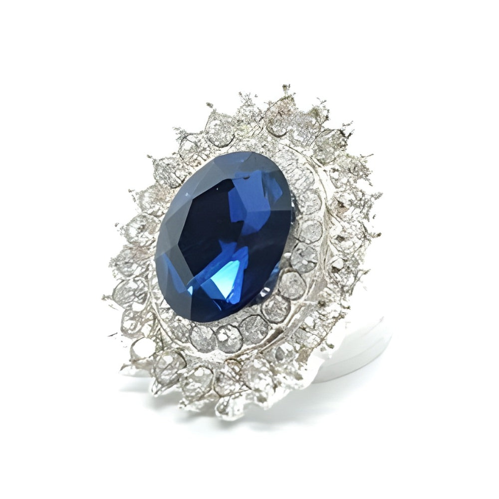 Blue / 20mm - Dramatic Blue Crystal Button, 20mm, Oval Jewel Design, Silver Shank - FBTN260