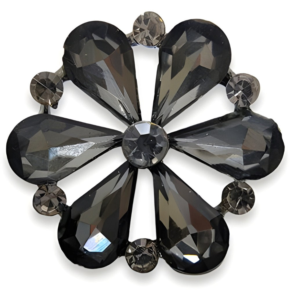 Black / 18mm-Black / 23mm - 18~23mm Gunmetal Rhinestone Flower Button, Dark Crystal Design, Dramatic Accent - FBTN235