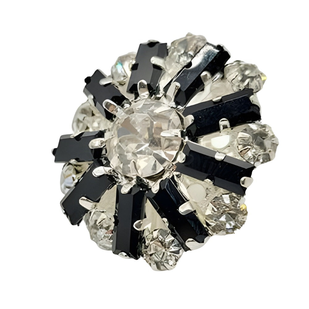 Silver/Black / 25mm - 25mm Crystal Starburst Button, Black & Clear Rhinestones, Silver Setting - FBTN244