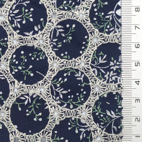 Print Leaf Embroidery Cotton Woven Fabric - FAB1821 - Navy Black
