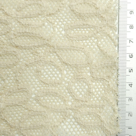 Solid Coversational Lace Nylon Spandex Knit Fabric | FAB1575 | 1.White, 2.Frost, 3.Dust Storm, 4.Promenade, 5.Lucky Point, 6.Black by Fabricis.com #