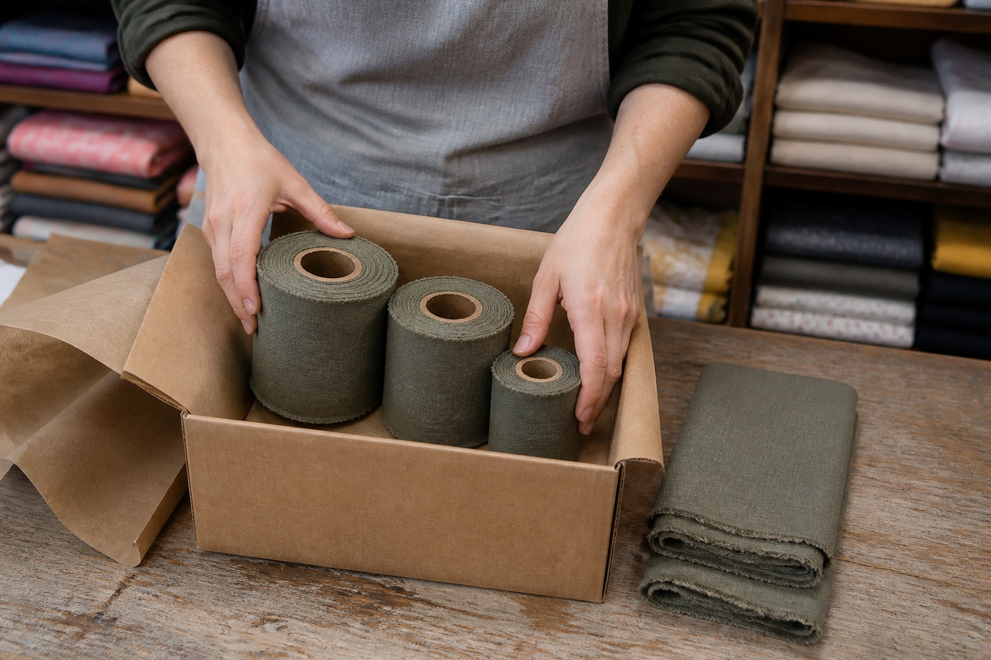 Fabric strip rolls being packed for an order