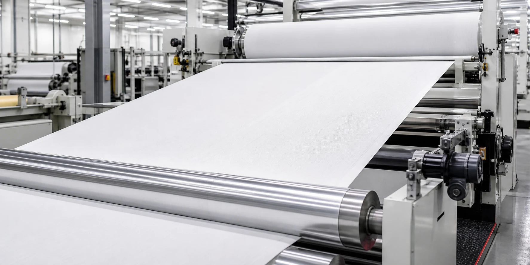 White fabric moving through a modern textile production line