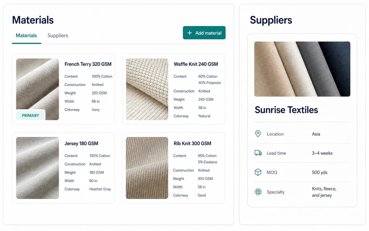 Materials and supplier library in Fabricis Techpack