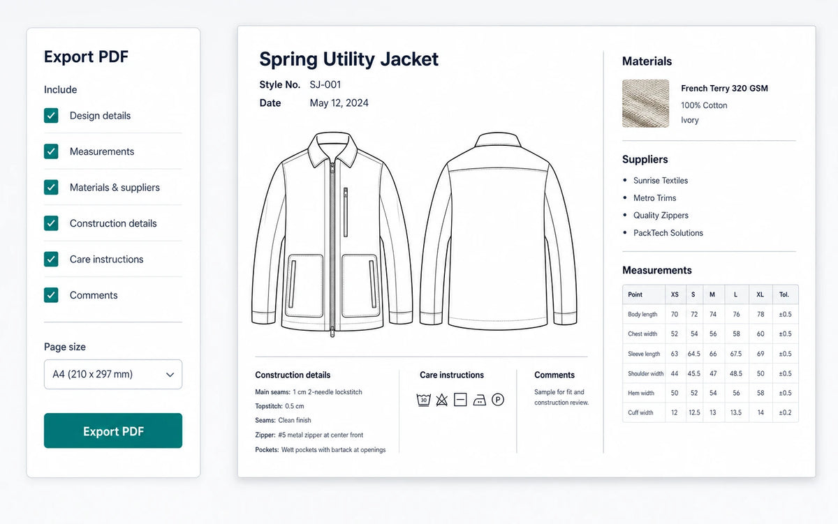 Production-ready PDF export from Fabricis Techpack